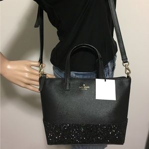 NWT Kate Spade New York Greta Court Ina Glitter Satchel Crossbody Bag in Black